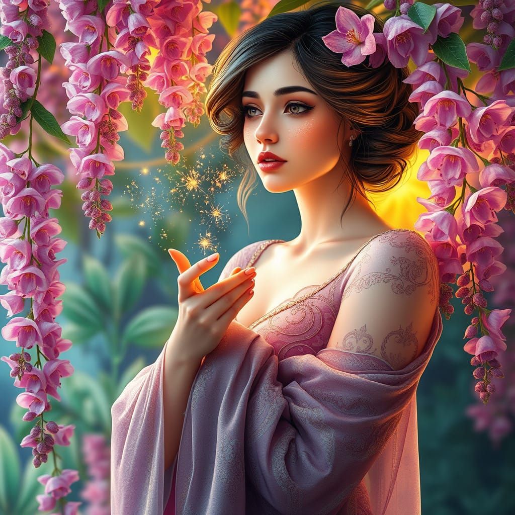 Whimsical Fantasy Woman in Wisteria