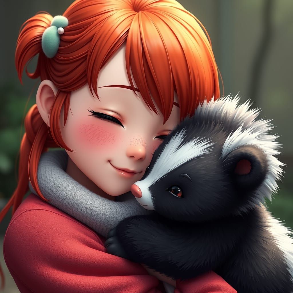 Adorable Red-Haired Girl and Cuddly Skunk in Heartwarming Ja...