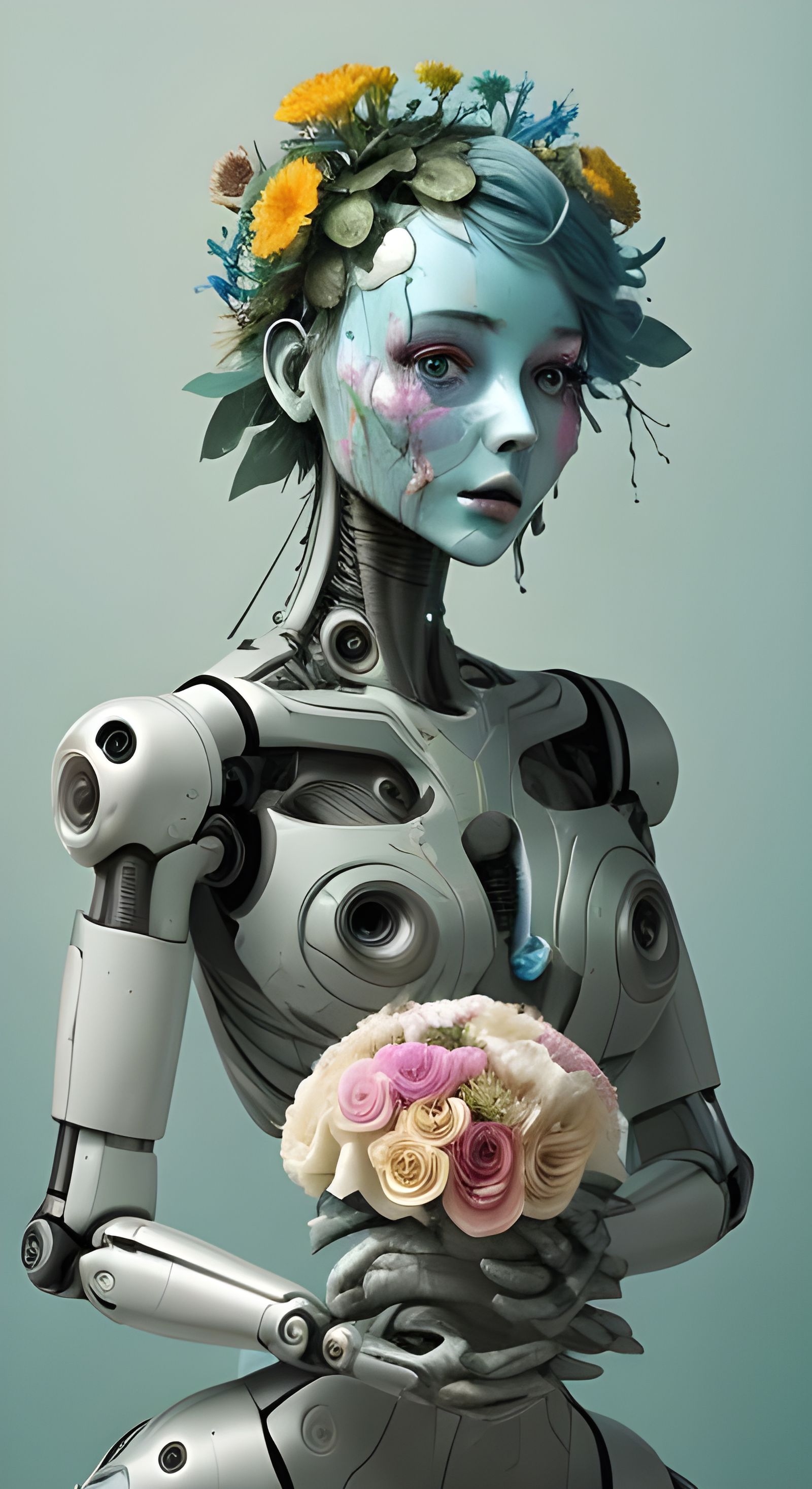 Humanoid Robot with Flowers, in Surreal Style