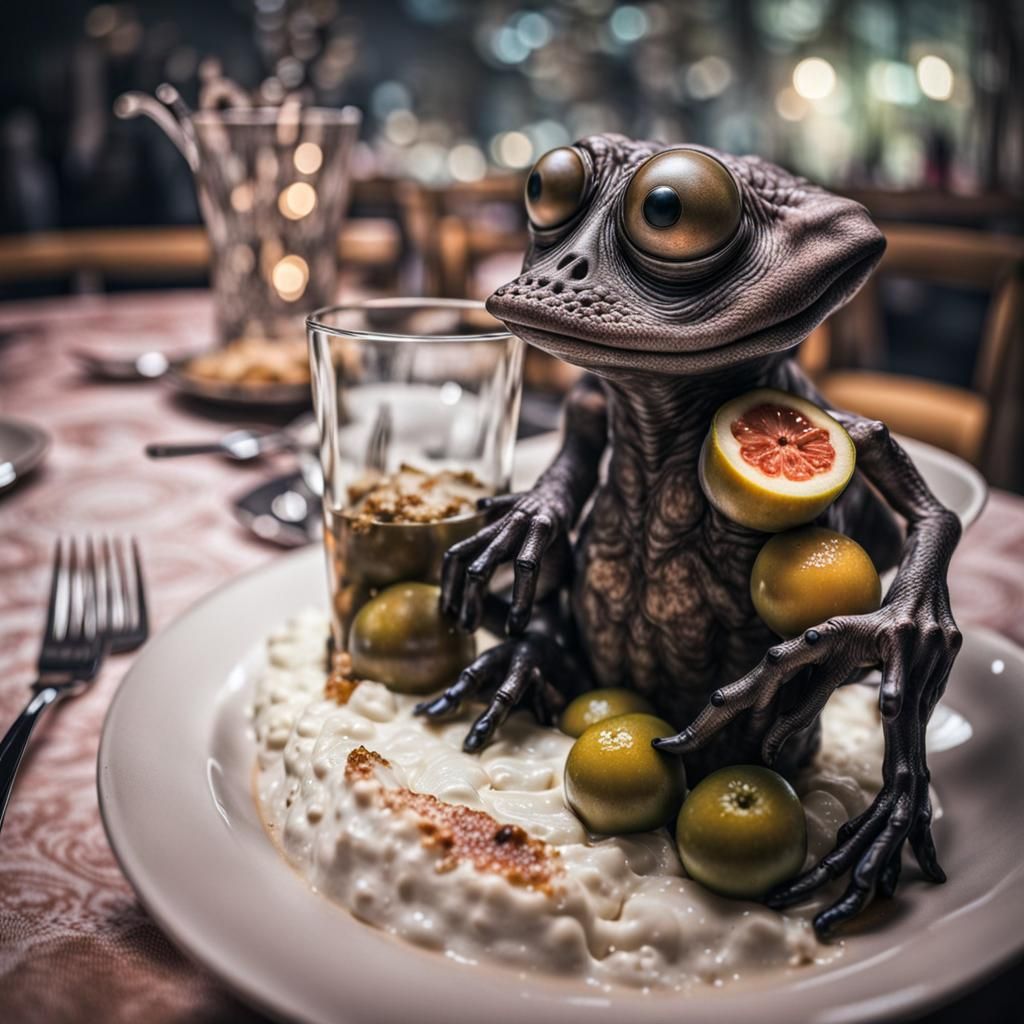 Surreal Restaurant Scene with Exotic Aliens Photography