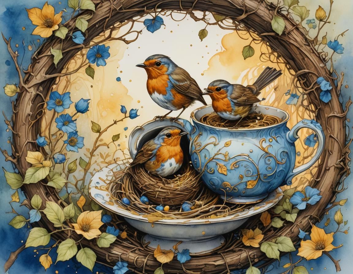 Robin's Teapot Nest: A Whimsical Storybook Illustration