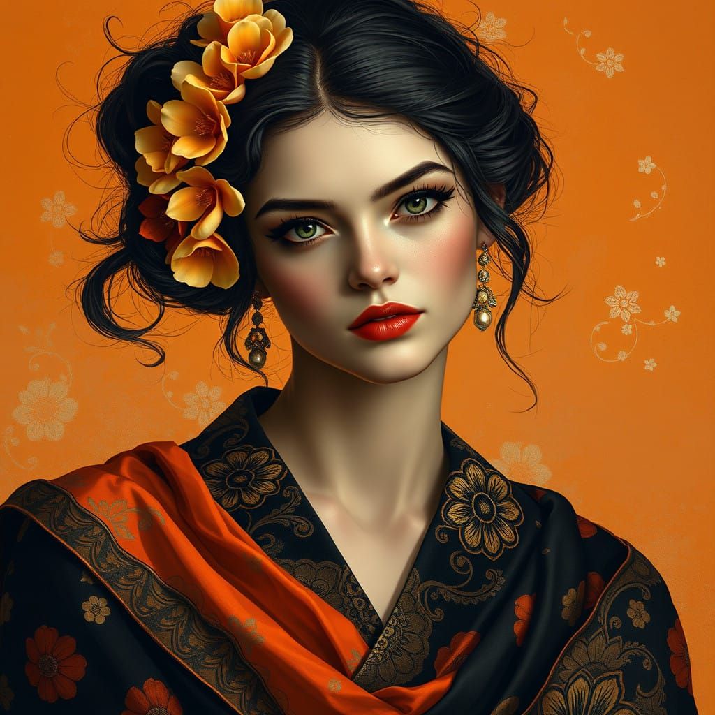 Elegant Regal Woman in Luxurious Orange Drapery