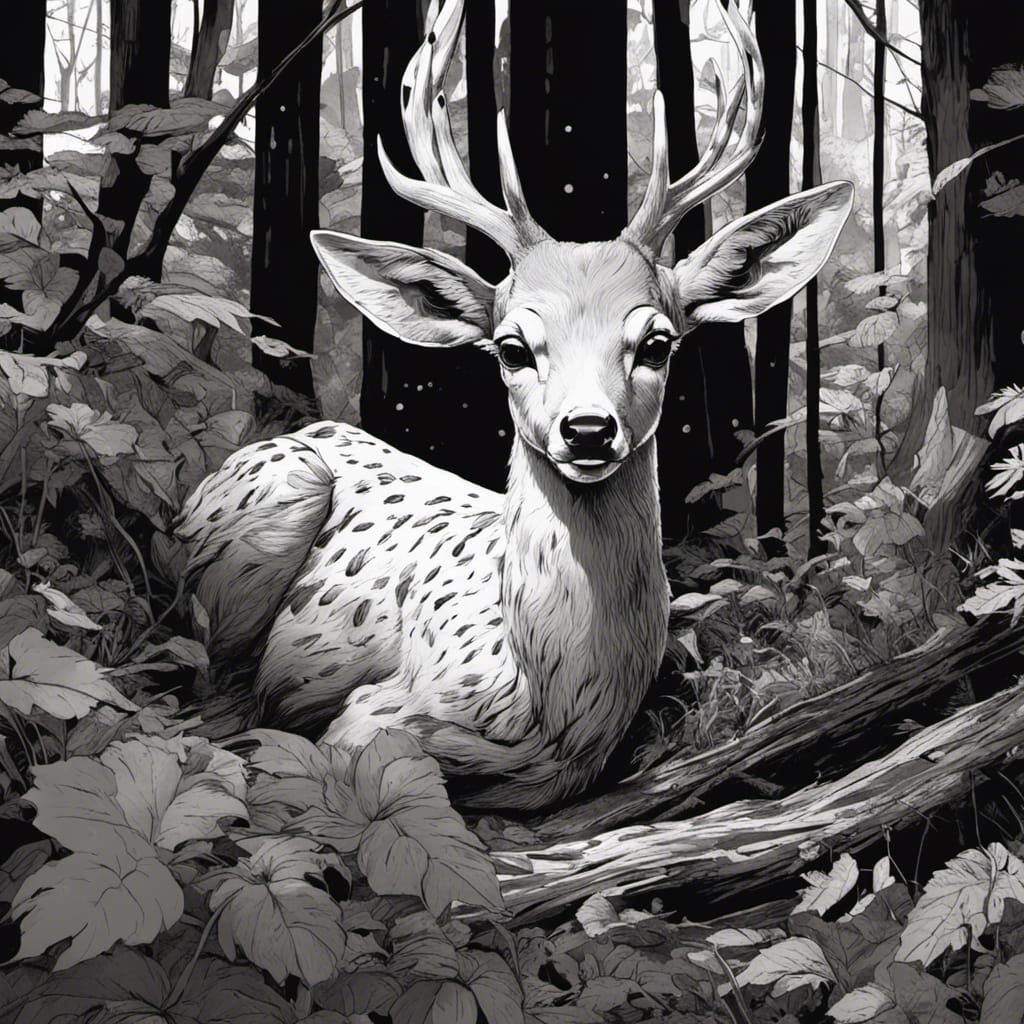 Fawn Hidden in Forest, Black and White Ink