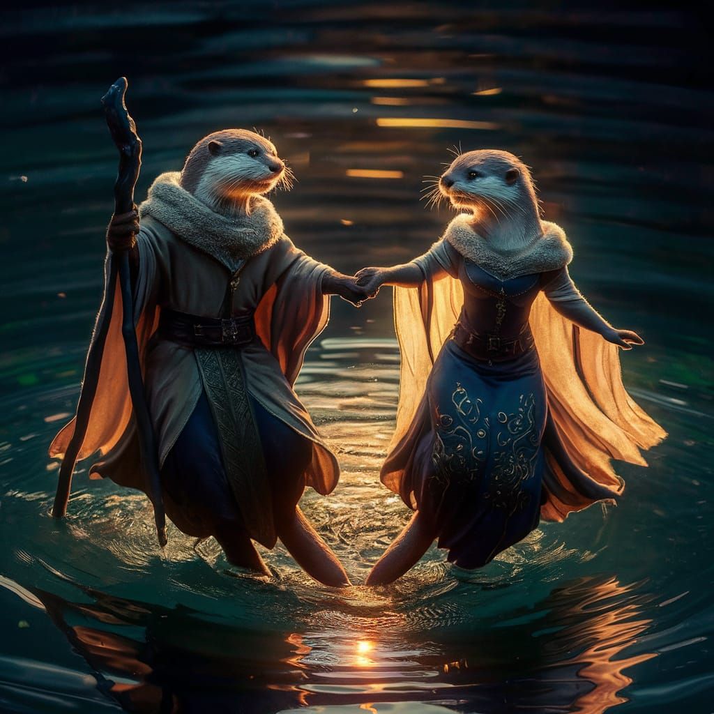 Otter Wizard and Sorceress Float in Golden Light