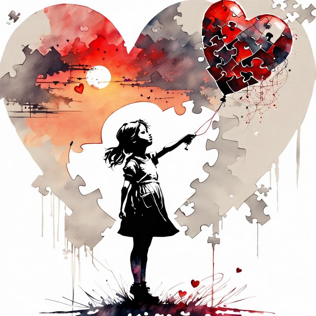 Girl with Puzzle Balloon in Banksy Style