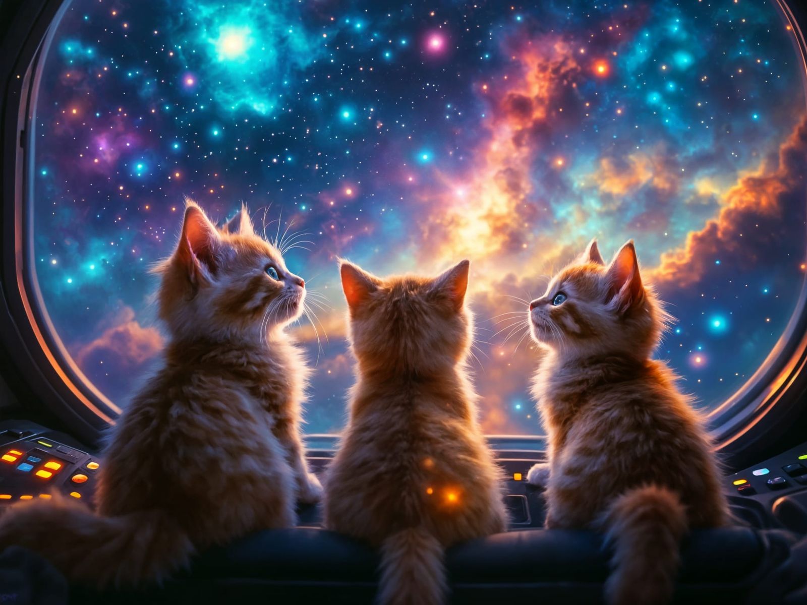 Kittens Navigate Cosmic Wonders in Vibrant Space Odyssey