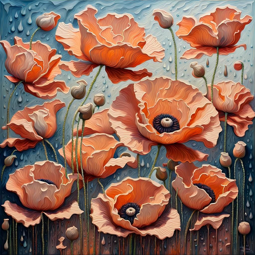 Peach Poppy Field: Impasto Oil Painting