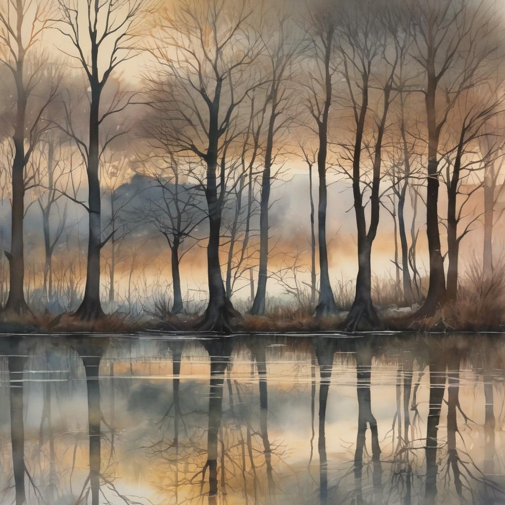 Ethereal Watercolor Landscape with Bare Trees