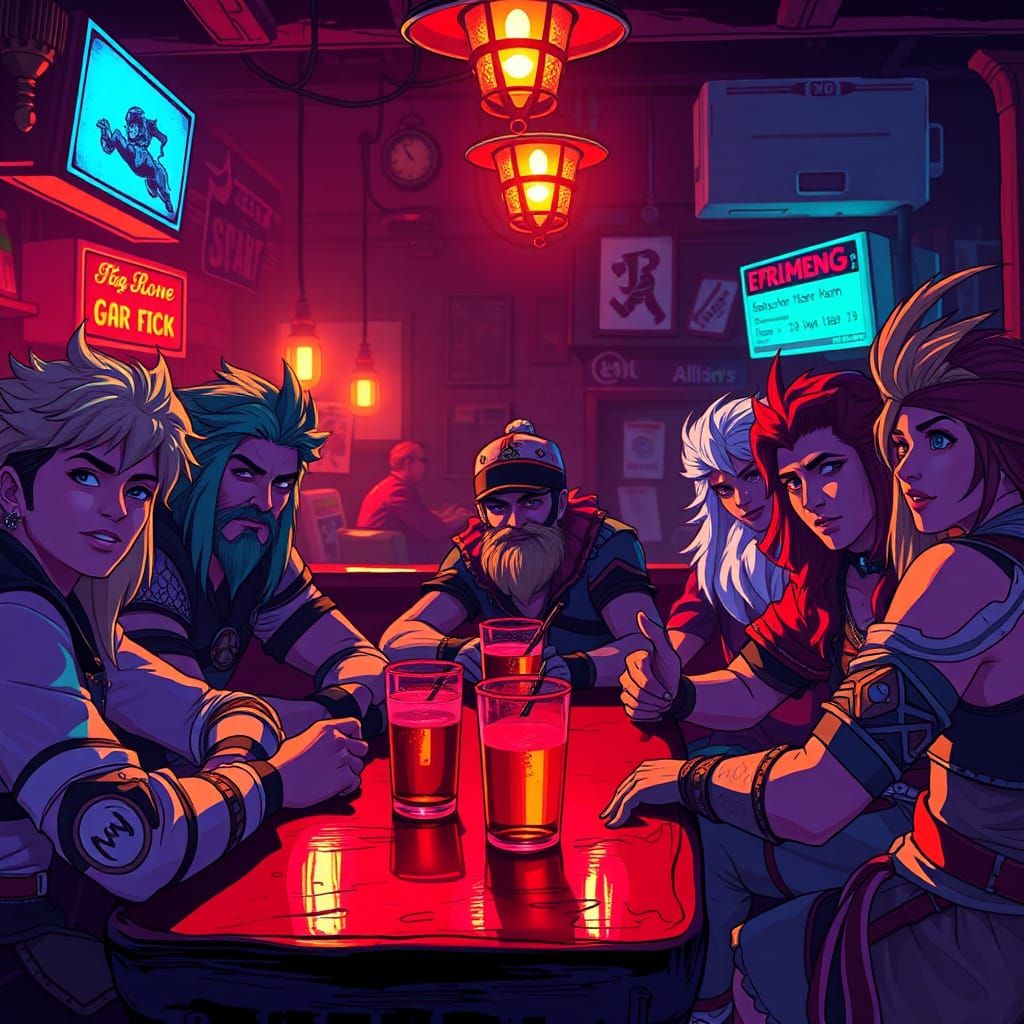 Fantasy Adventurers Relax in Bar: Retro Digital Art