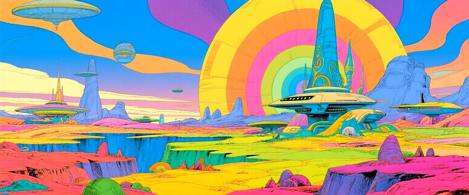 Psychedelic Sci-Fi Landscape in Moebius Style