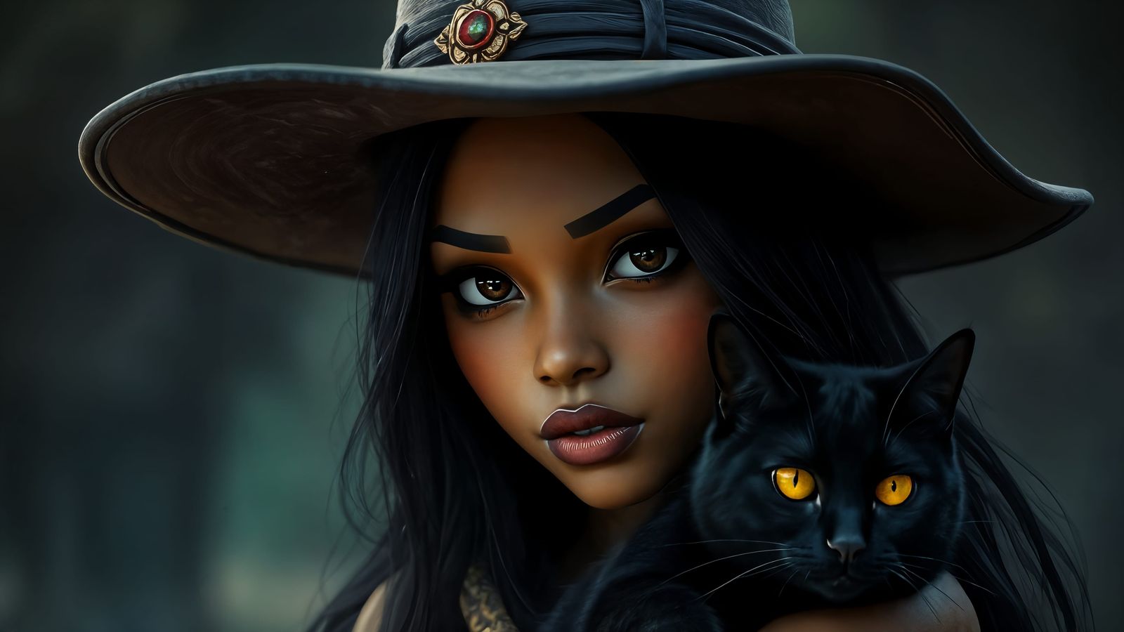 Afro-Latina Witch with Black Cat Fantasy Art