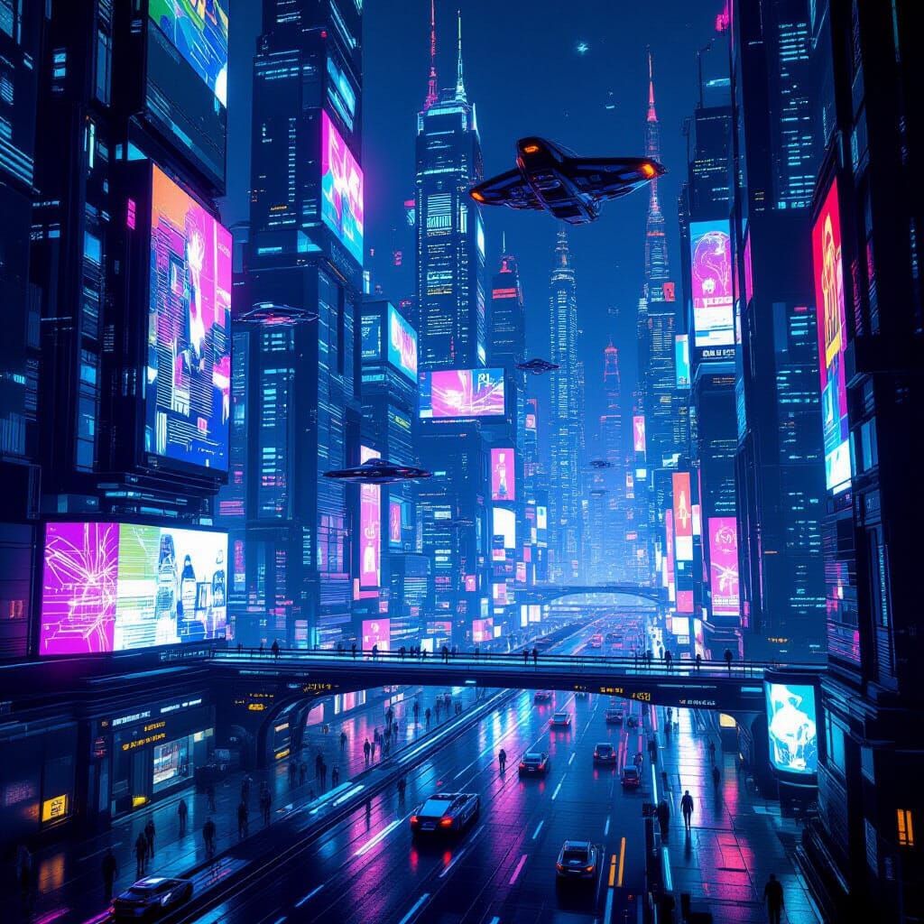 Futuristic Neon Mega-City with Flying Cars and Robots