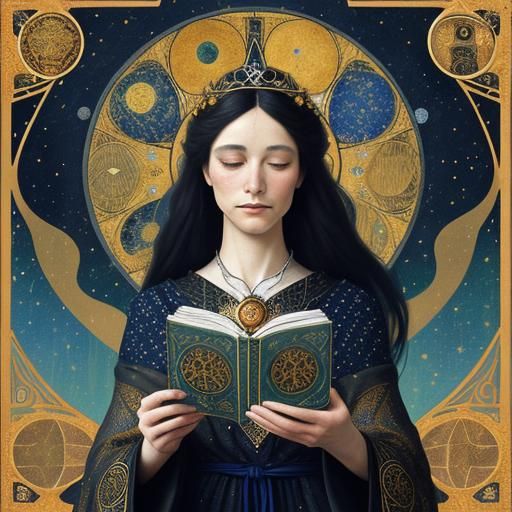 Witch Reading Tarot in Klimt-Inspired Art Nouveau Style