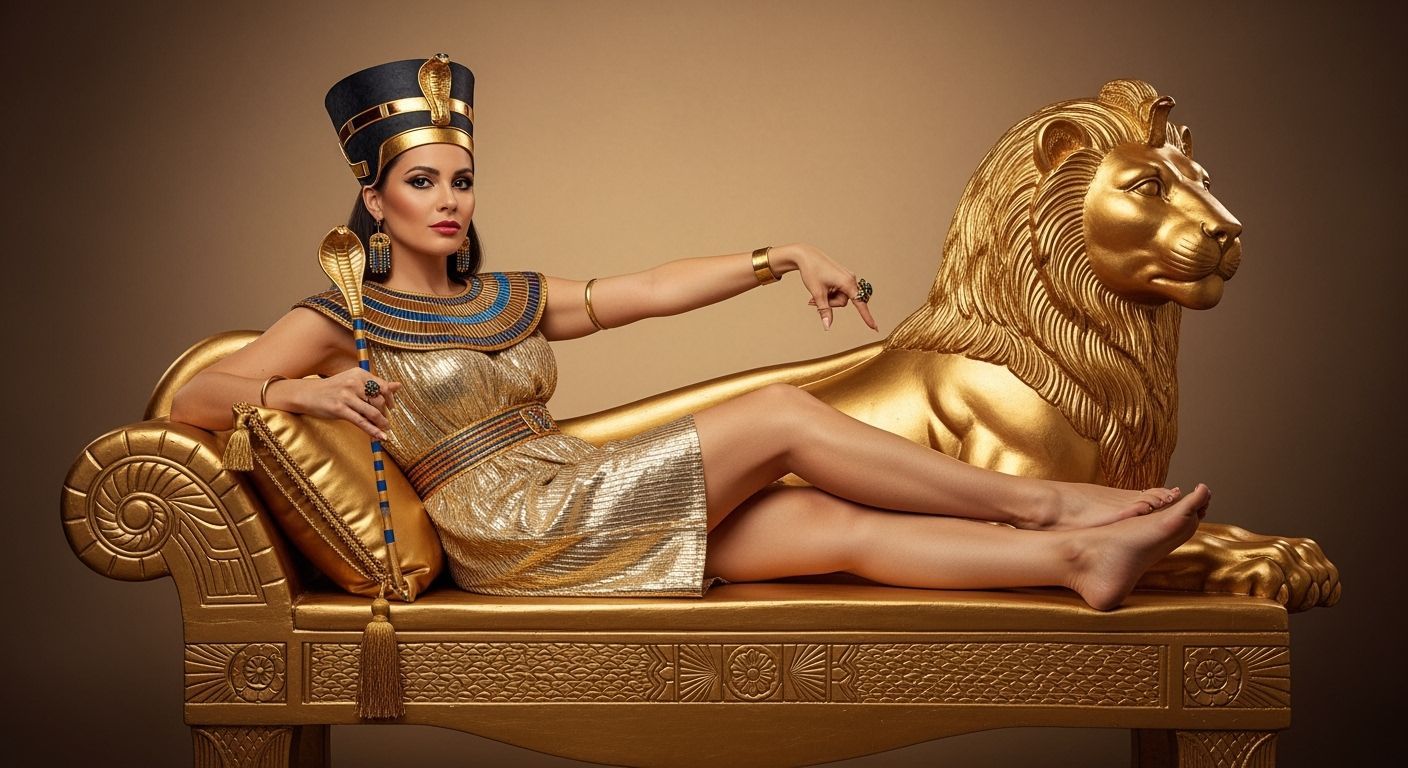 Captivating Egyptian Queen Lounging on Golden Chaise Longue