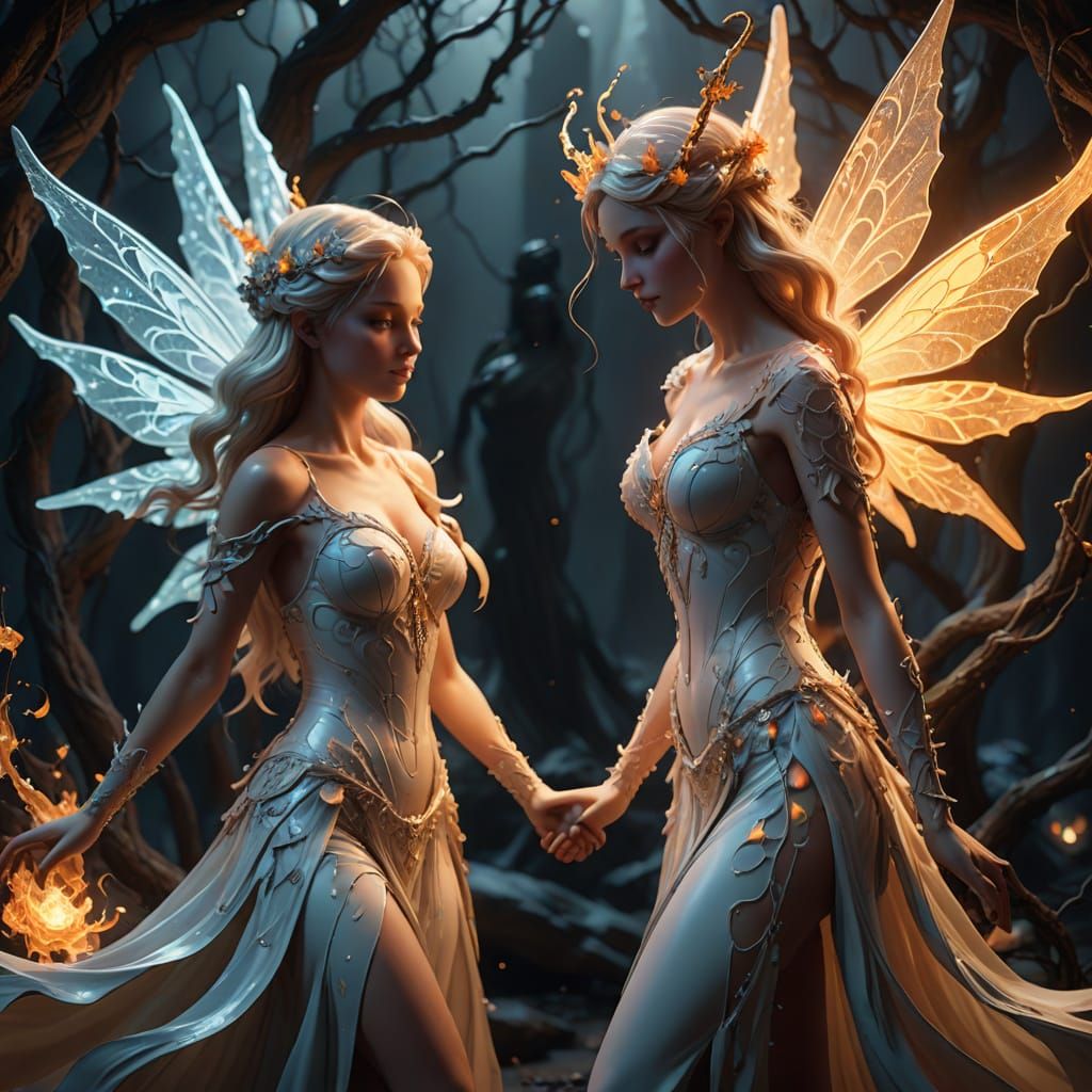 Fire and Snow Fairies Dance in Surreal Dreamscape