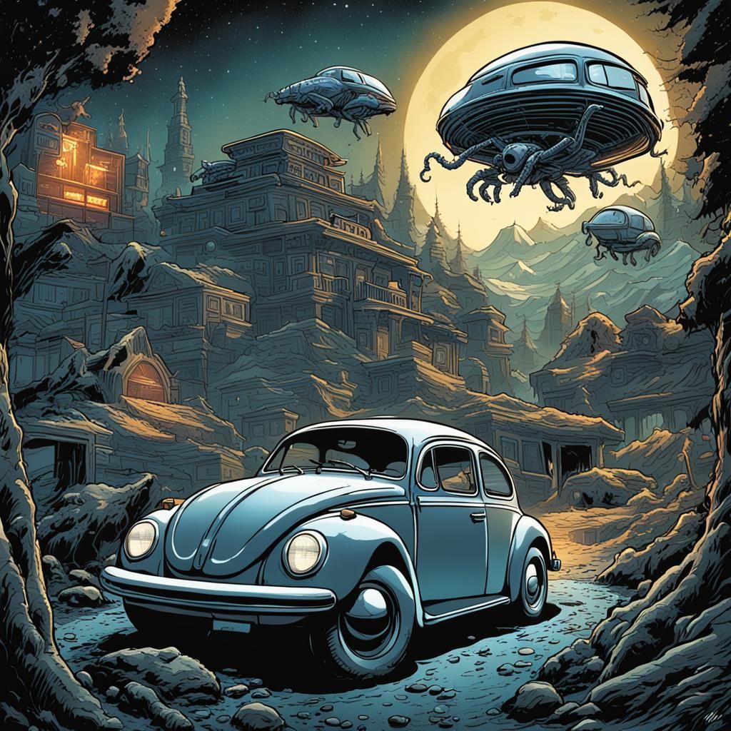 Aliens Repairing a VW Beetle: Comic Book Art