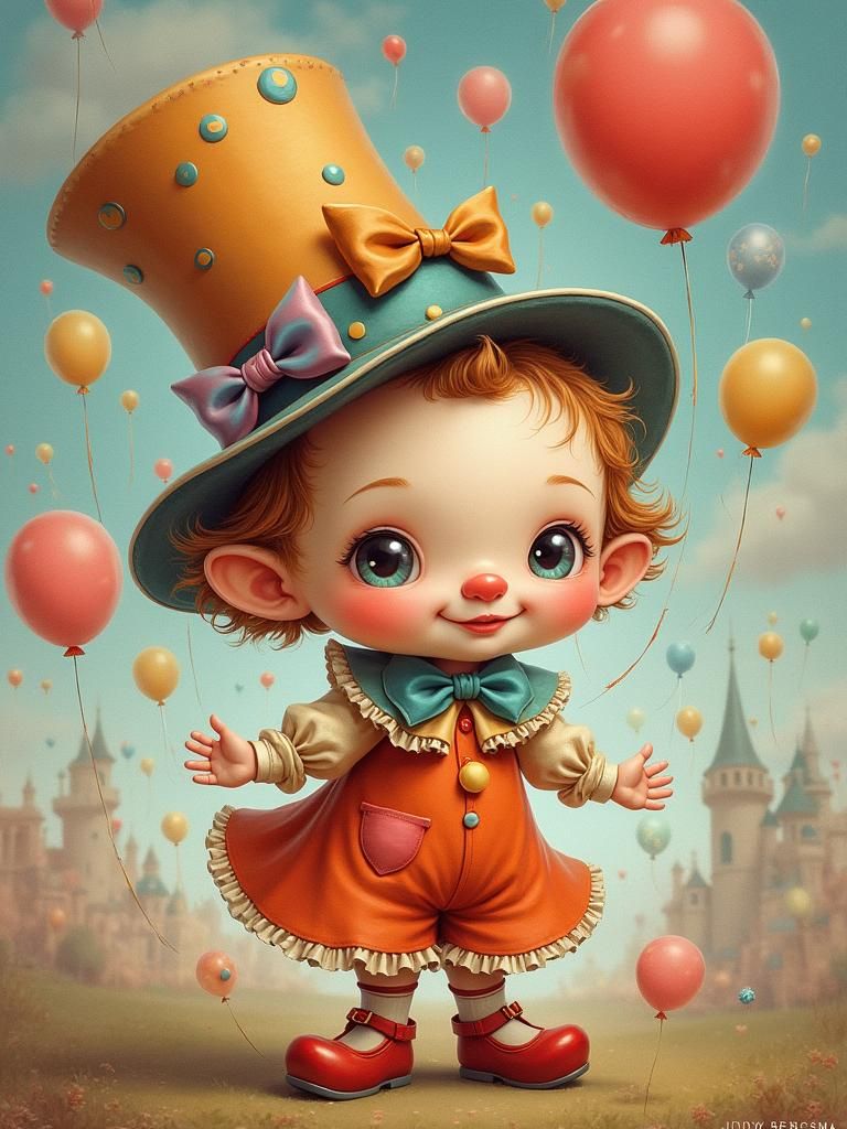 Whimsical Baby Clown with Balloons in Circus Style