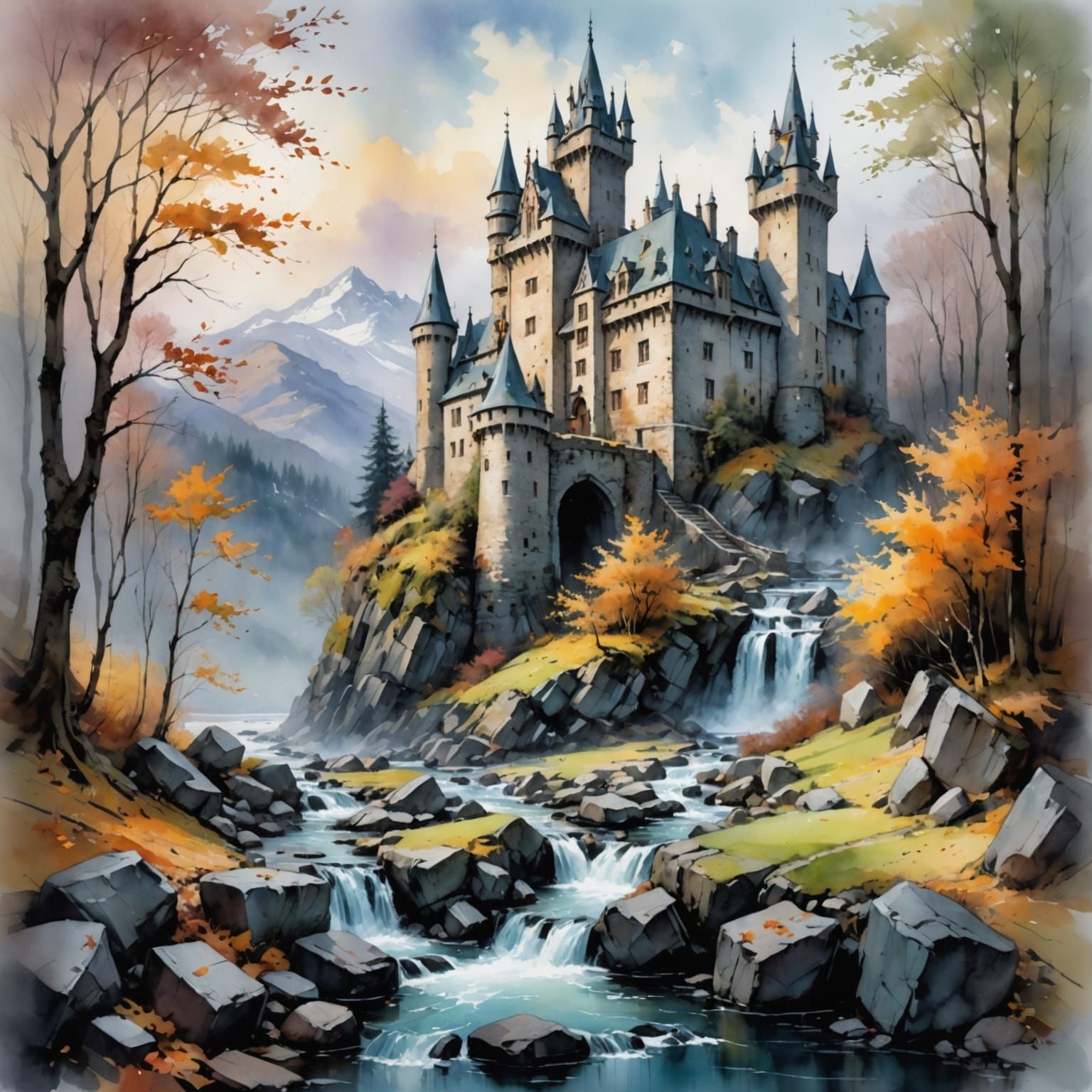 Gothic Castle in Misty Autumn Landscape