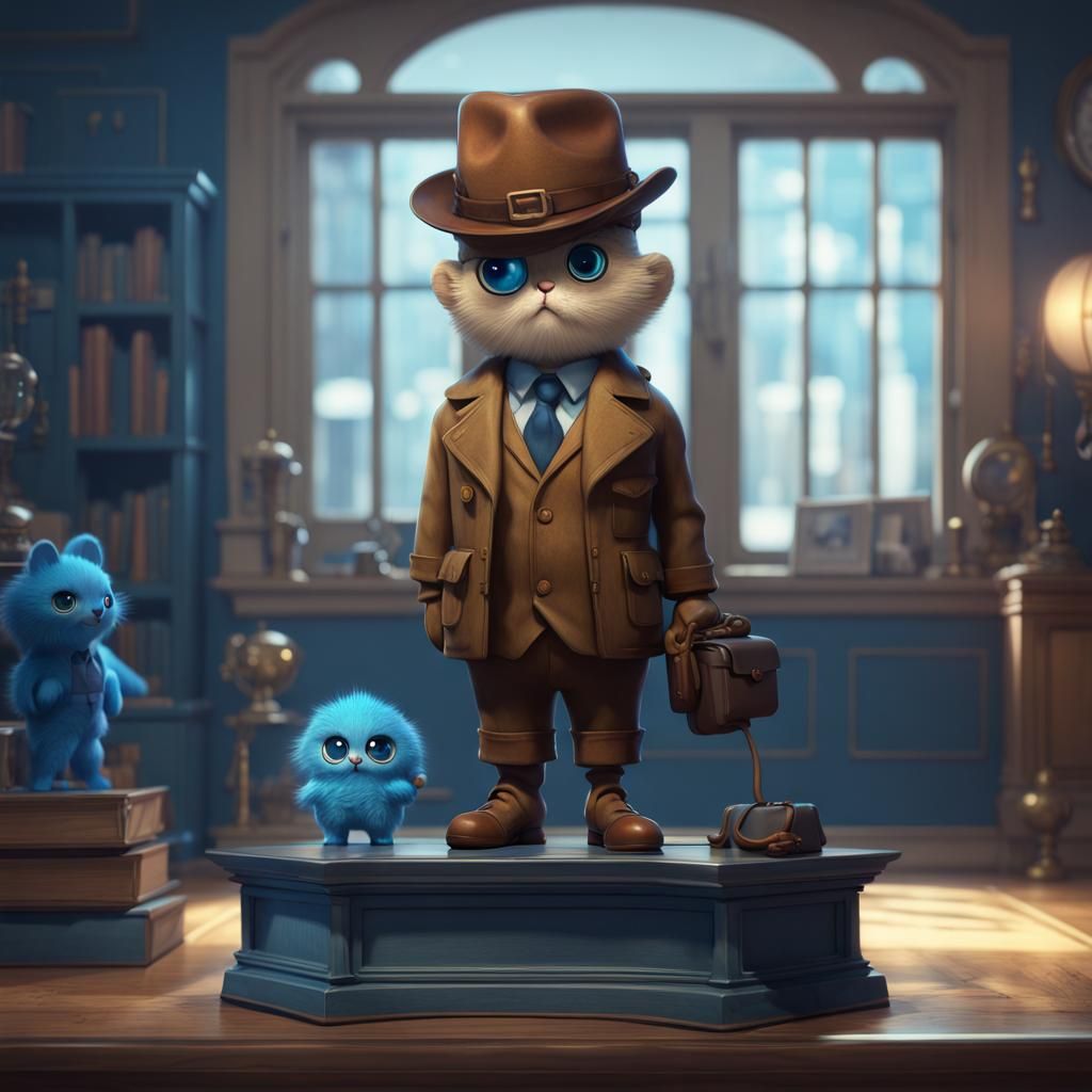 Cute Fuzzy Blue Detective in Detailed Room