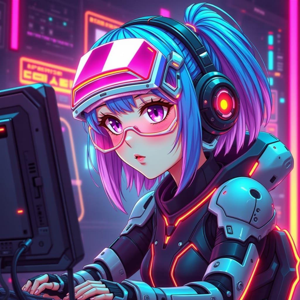 Cyberpunk Cyborg Goddess with Rainbow Hair and Neon Accents