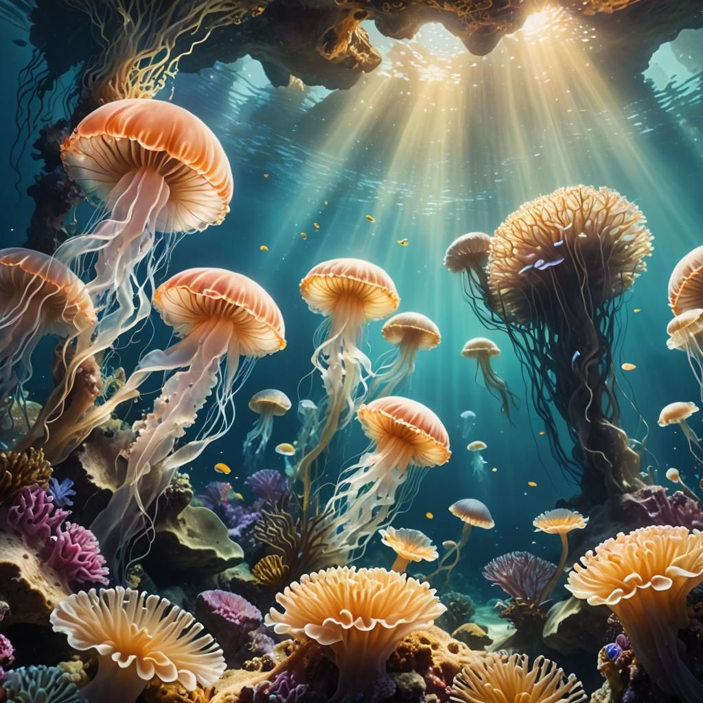Ethereal Underwater Coral Cave in Watercolor Style