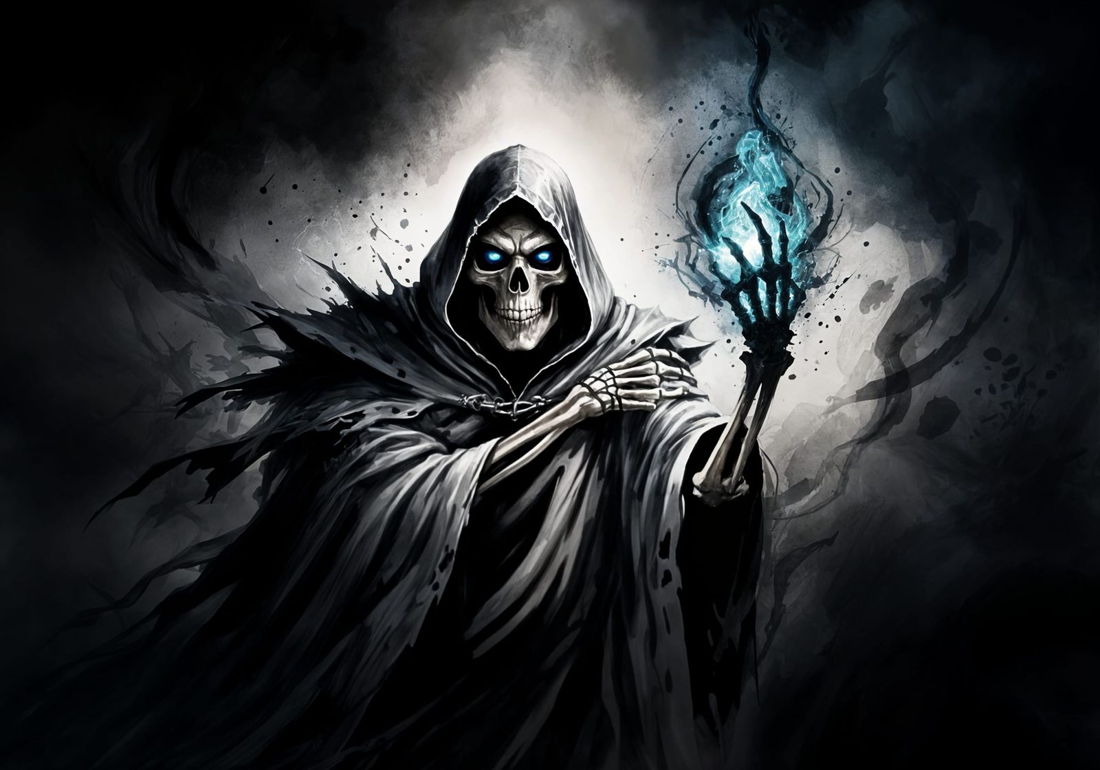 Dark Sorcerer Skeleton Casts a Spell in Black and White