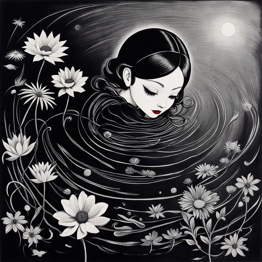 Chibi Goth Woman in Black Water, Surreal Crayon Art