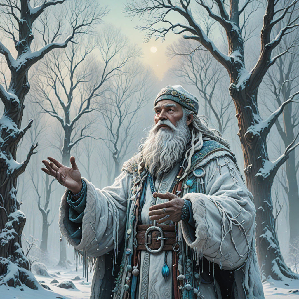 Mystical Shaman Santa in Ancient Snowy Forest