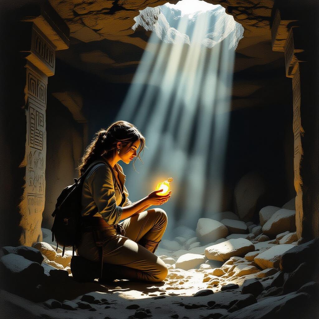 Archeologist Discovering Glowing Artifact in Ancient Tomb