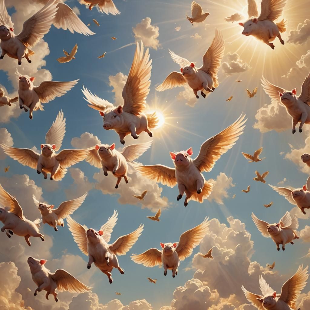 Flying Pigs with Angel Wings in Golden Light