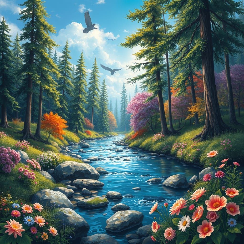 Lush Forest River with Blooming Flowers and Gemstones