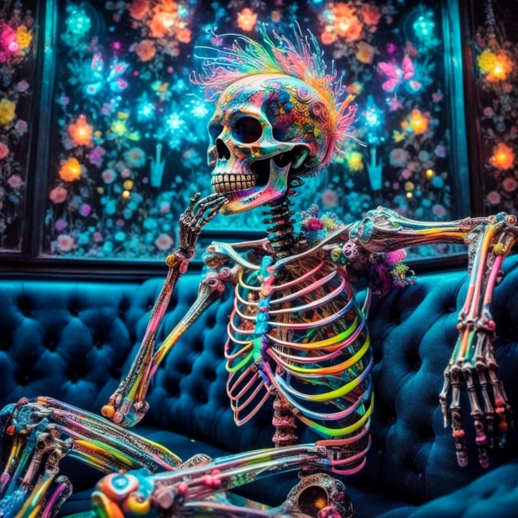 <lora:Beautiful Bones:1.0> A stunning neon sculpture rainbow glowing iridescent portrait of a skeleton.