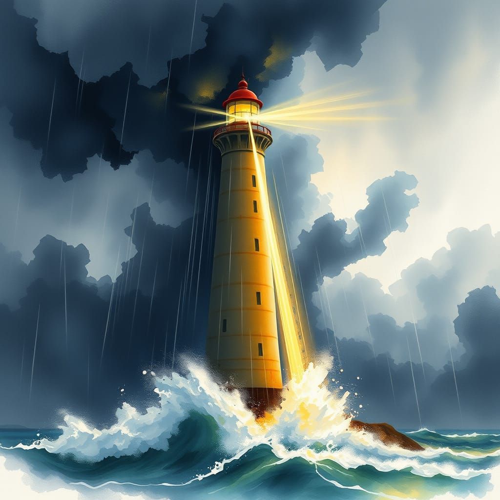 Lighthouse Resilient Against Stormy Sky, Watercolour Style