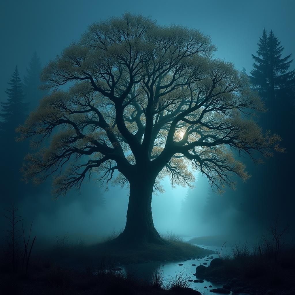 Iridescent Tree Shimmers in Misty Forest Night