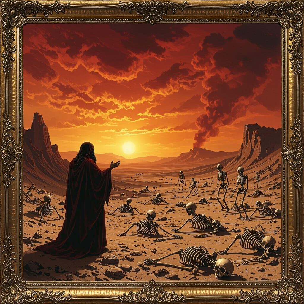 Ezekiel Prophesies Over Skeletal Valley Under Fiery Sky