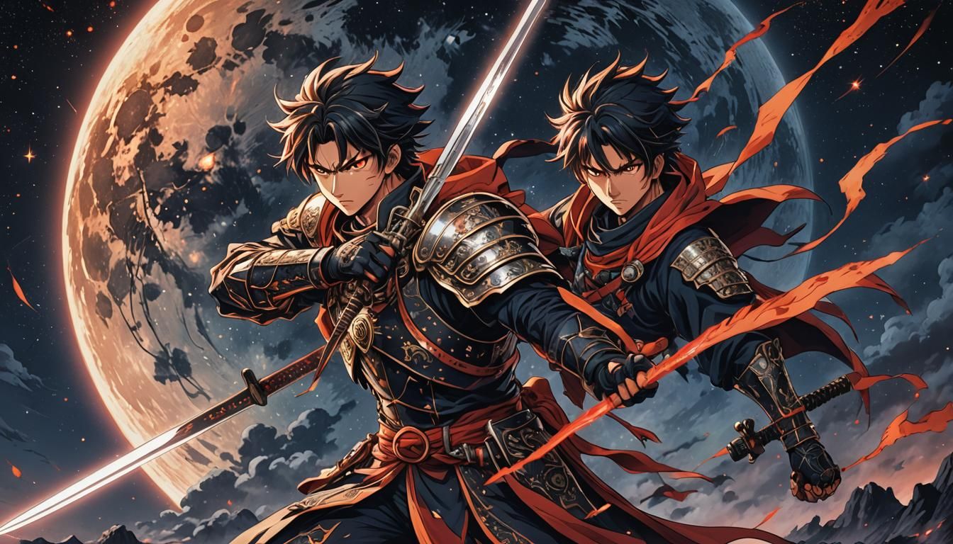 Intense Anime Warrior with Crescent Blade Under Starry Sky