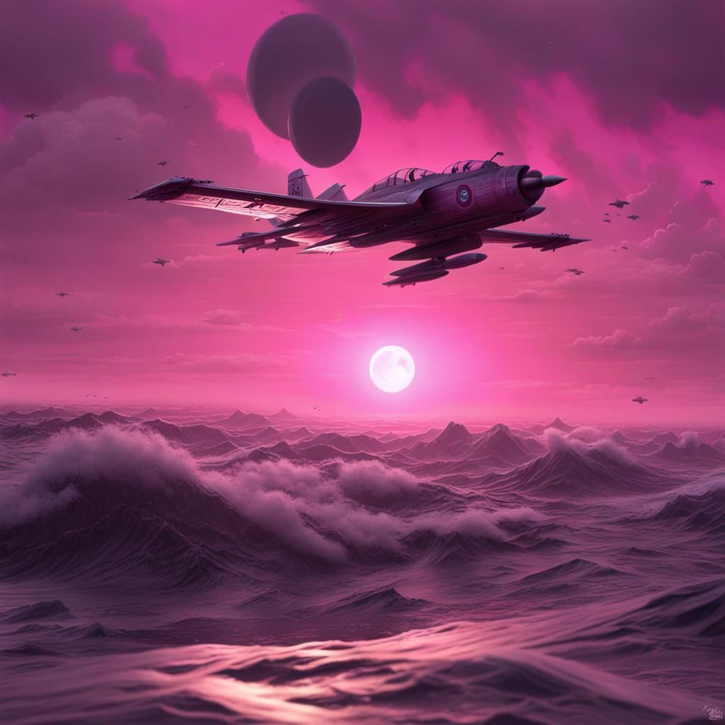 Futuristic Plane Over Rough Seas, Dark Fantasy Concept Art