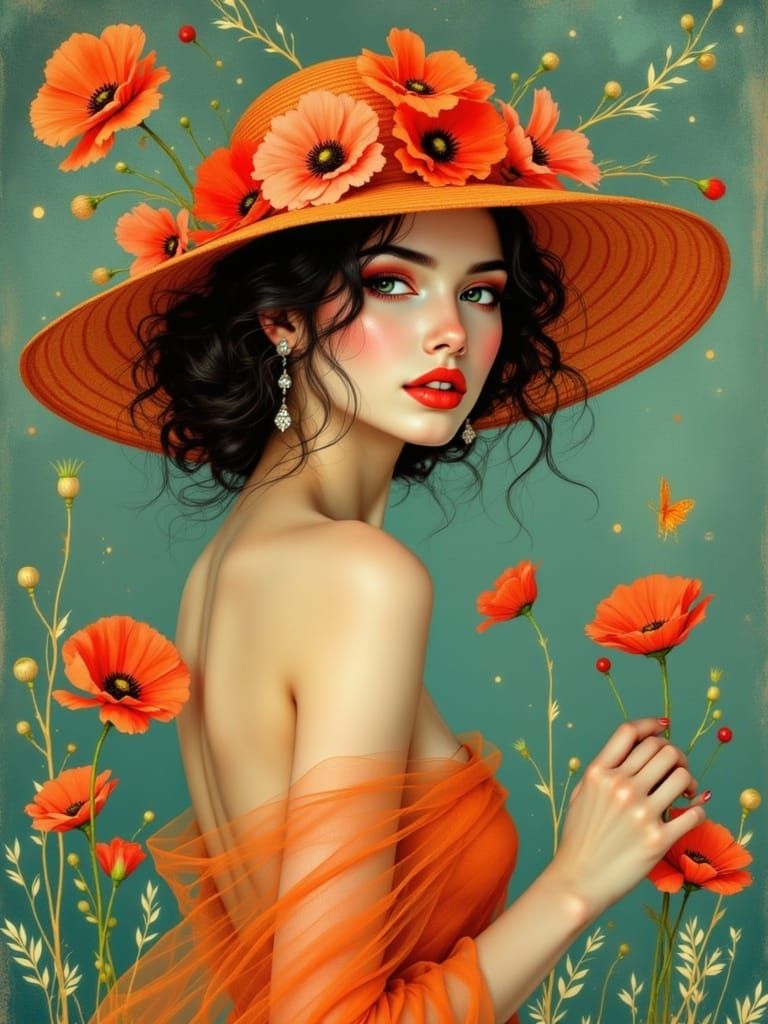 Ethereal Pin-Up Beauty in Dreamlike Art Nouveau Style