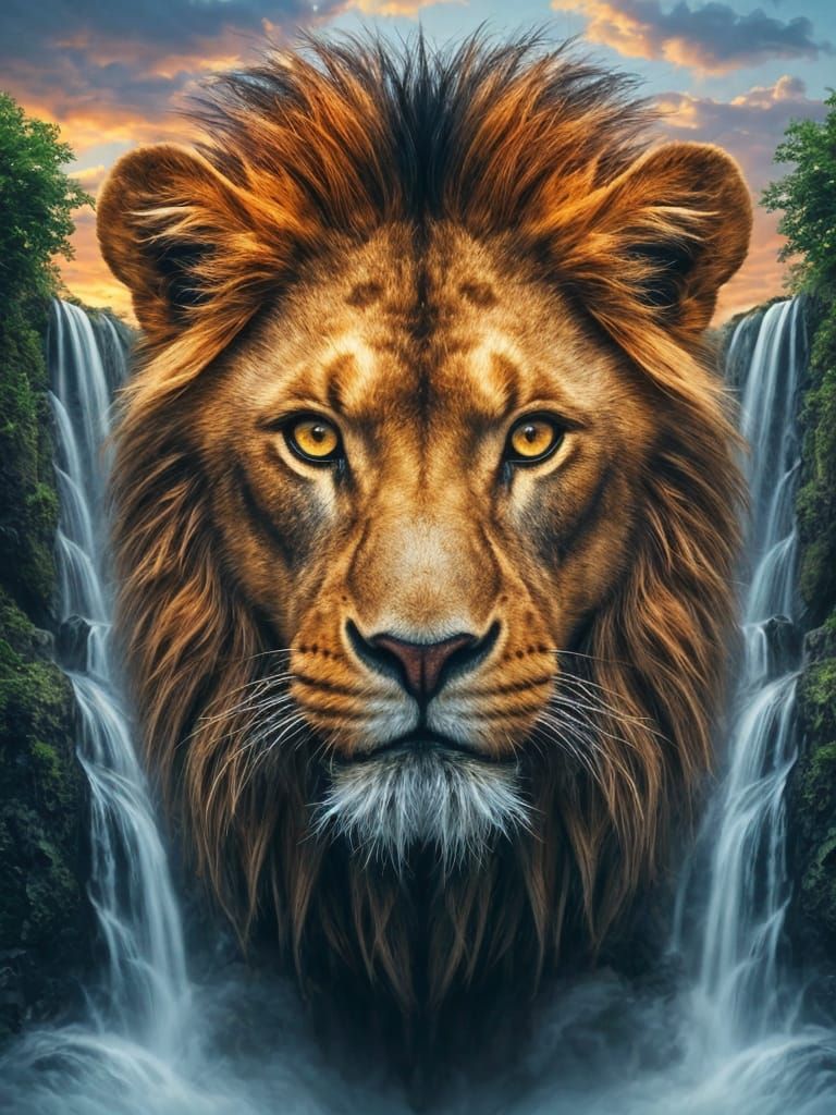 Lion's Face with Waterfalls in Digital Art
