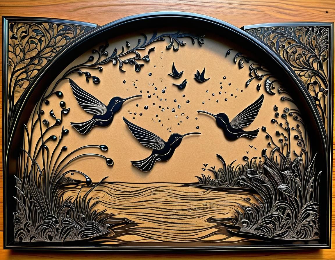 Fairybirds Dance in an Engraved River Landscape