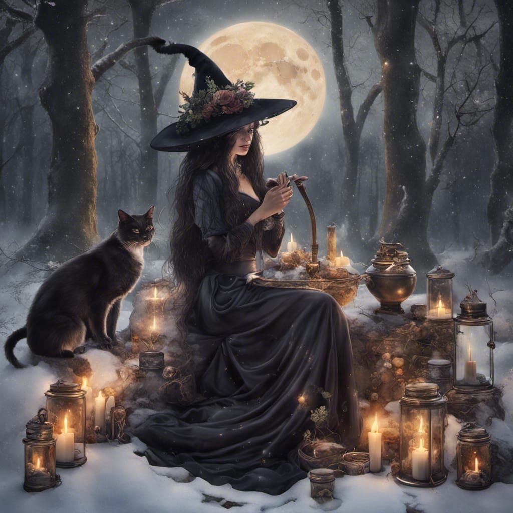 Mystical Witch Ritual in Snowy Woods