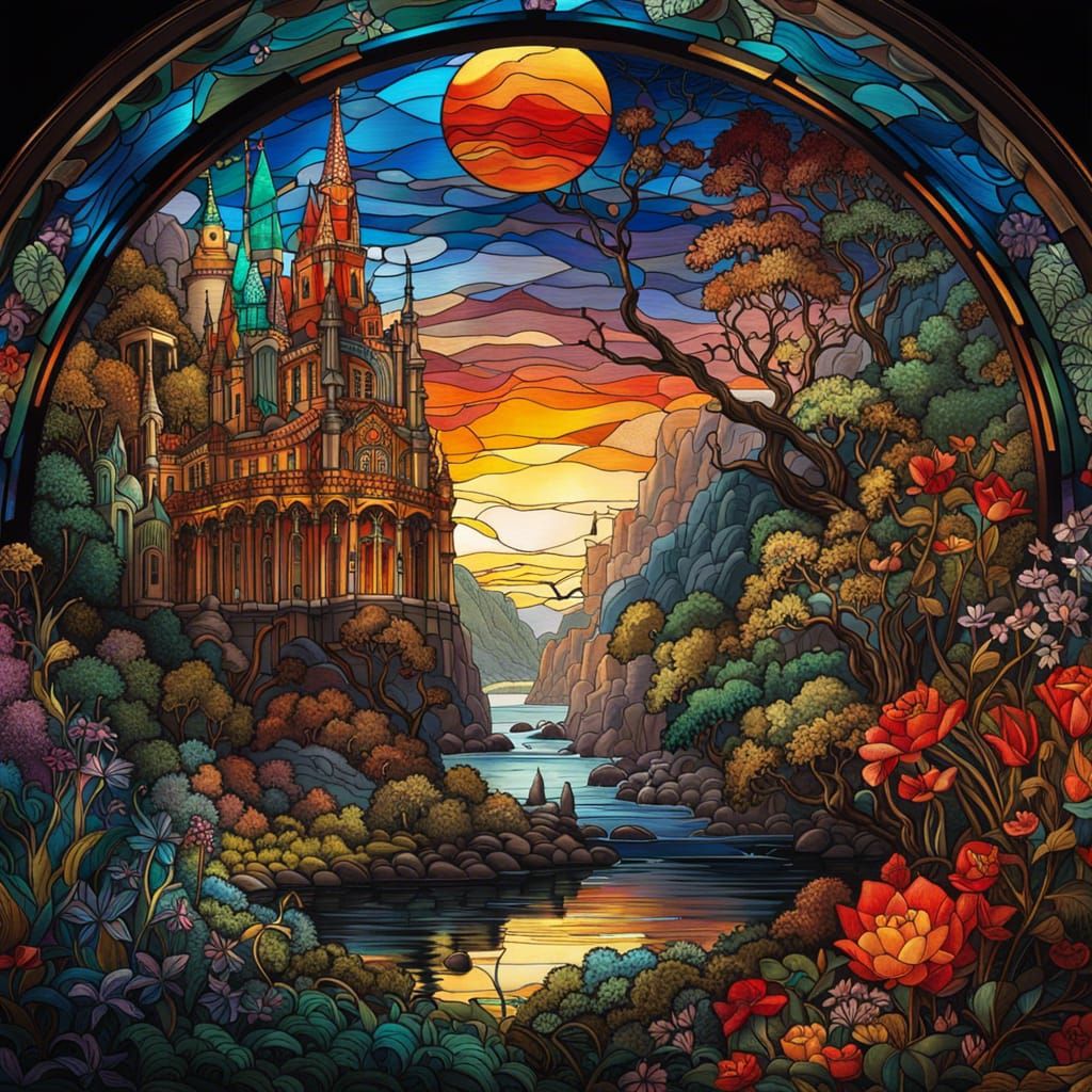 Stained Glass Fantasy World Digital Illustration