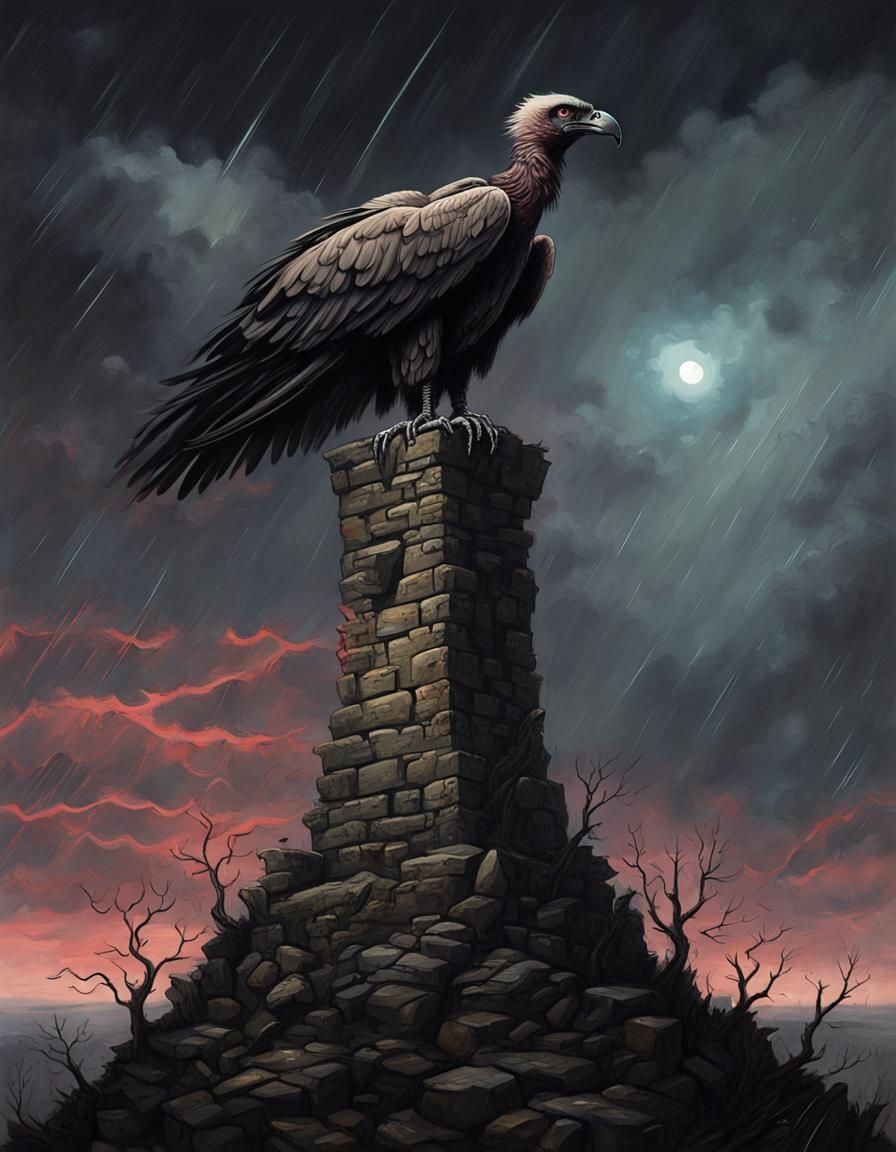 Vulture on Tower in Eerie Storm: Oil Painting