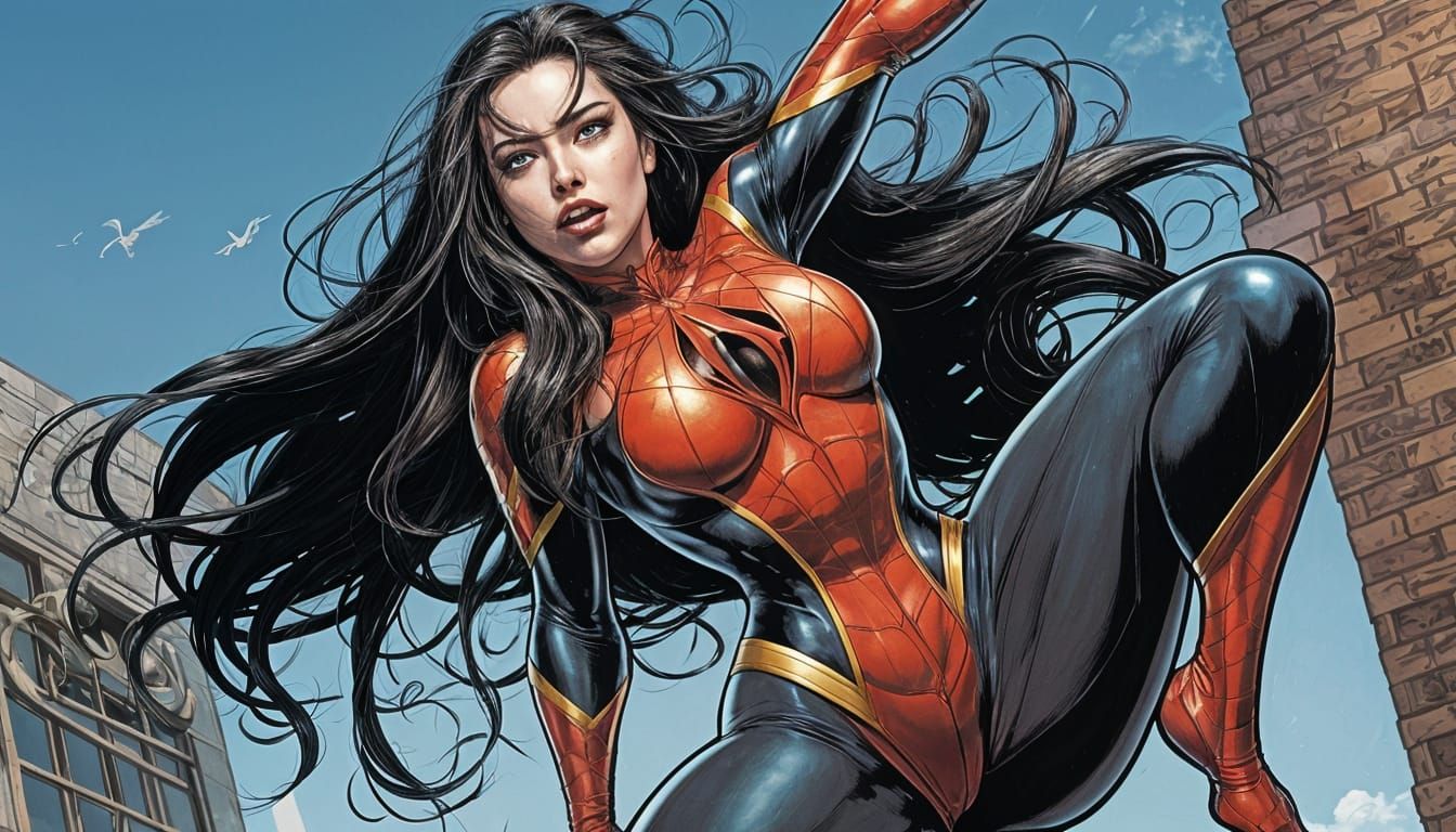Spider-Woman Leaping: Comic Book Art Style