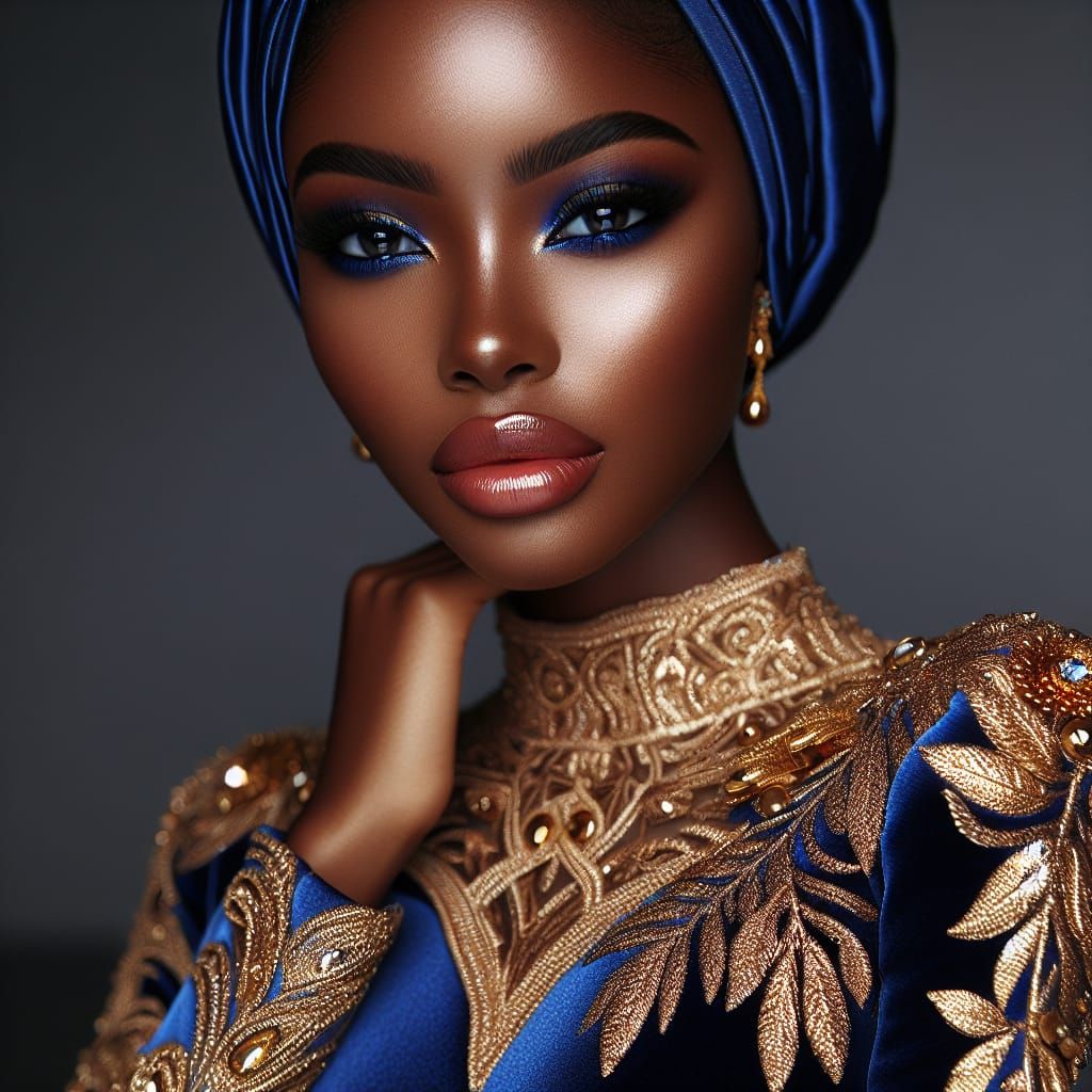 African-American Woman in Elegant Royal Blue and Gold Attire