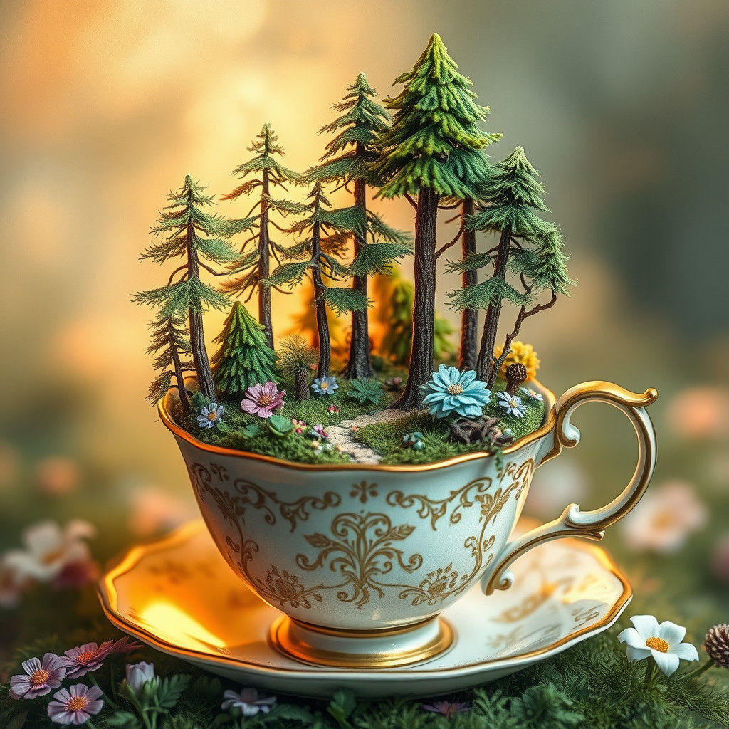 Whimsical Forest Teacup Scene in Watercolor Style