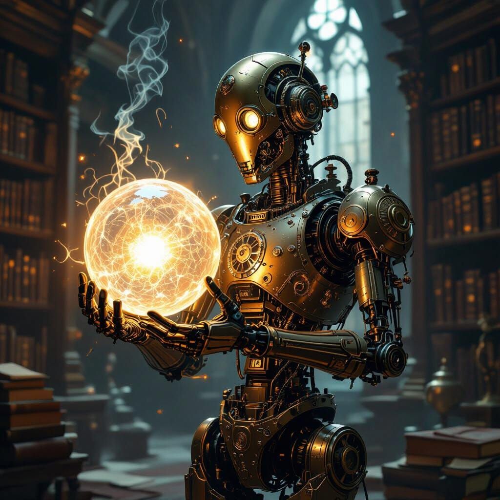 Steampunk Automaton Holding Glowing Sphere in Ancient Librar...