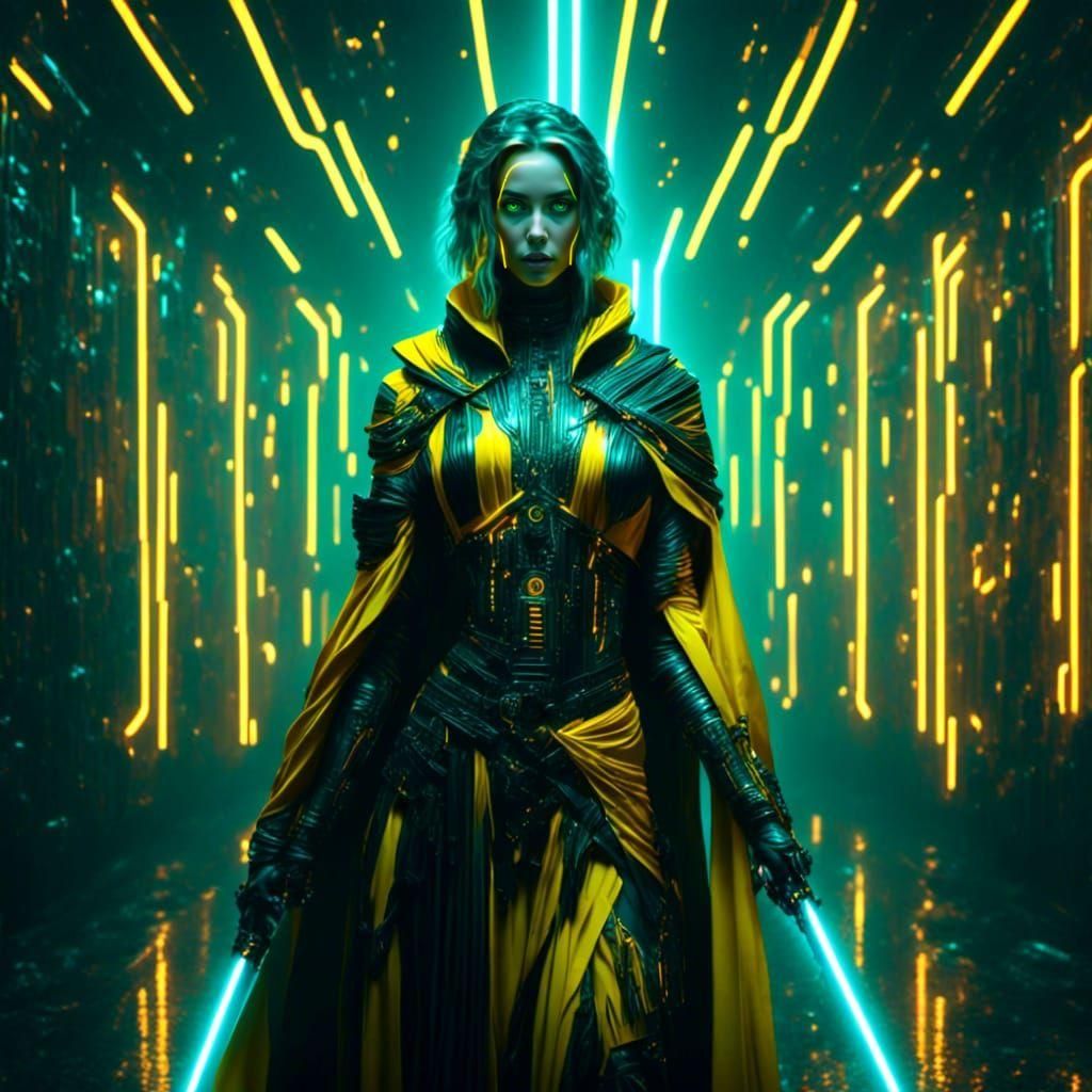 Young Jedi Readying Lightsaber in Cyberpunk Style