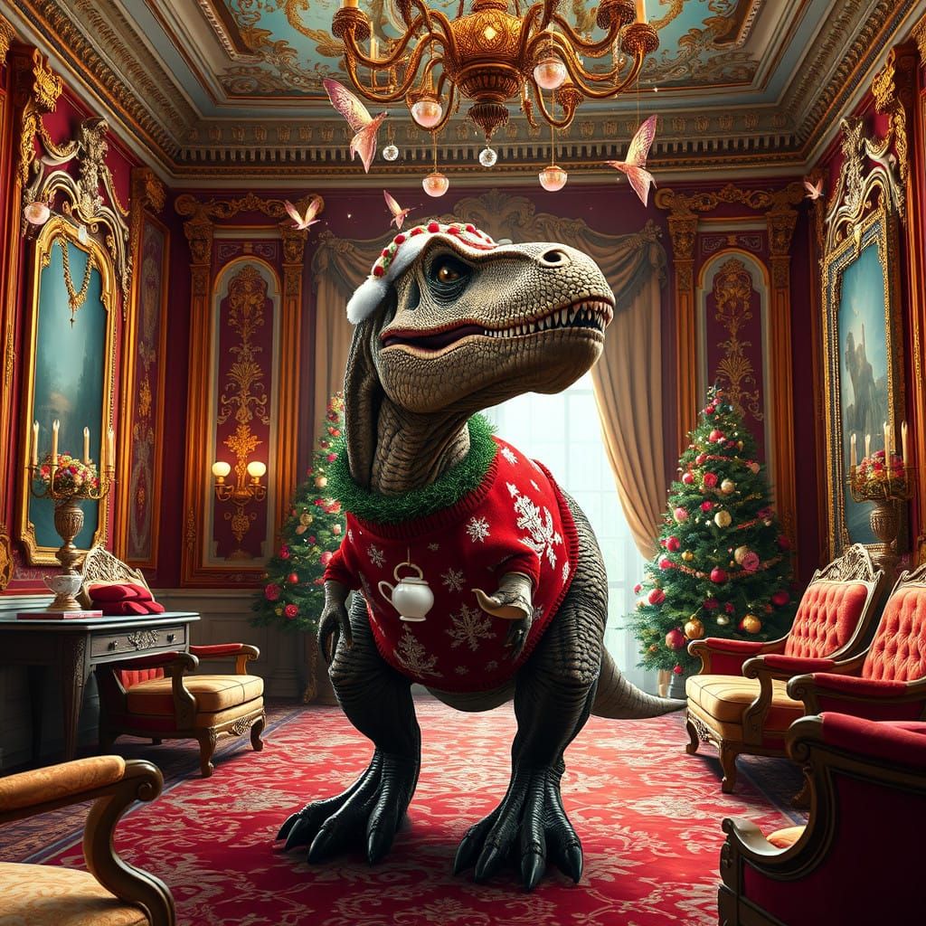 Regal T-Rex in Lavish Rococo Room with Dancing Fairies