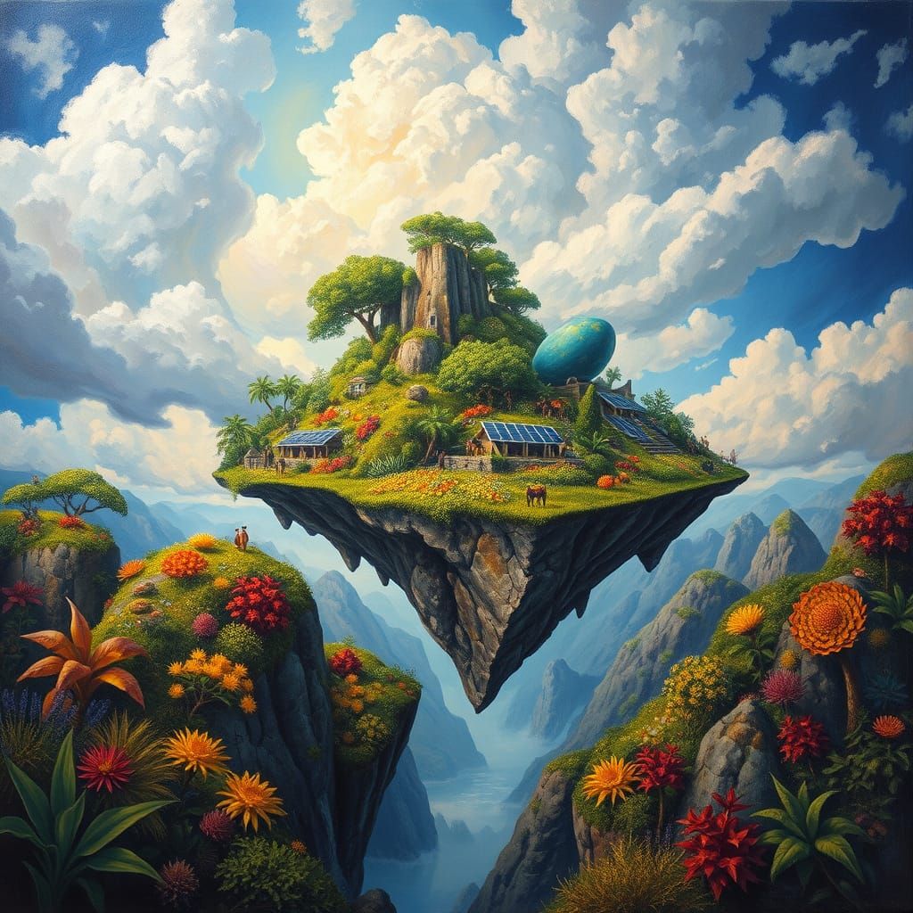 Flying Island Ecosystem in Vibrant Neo-Impressionist Style